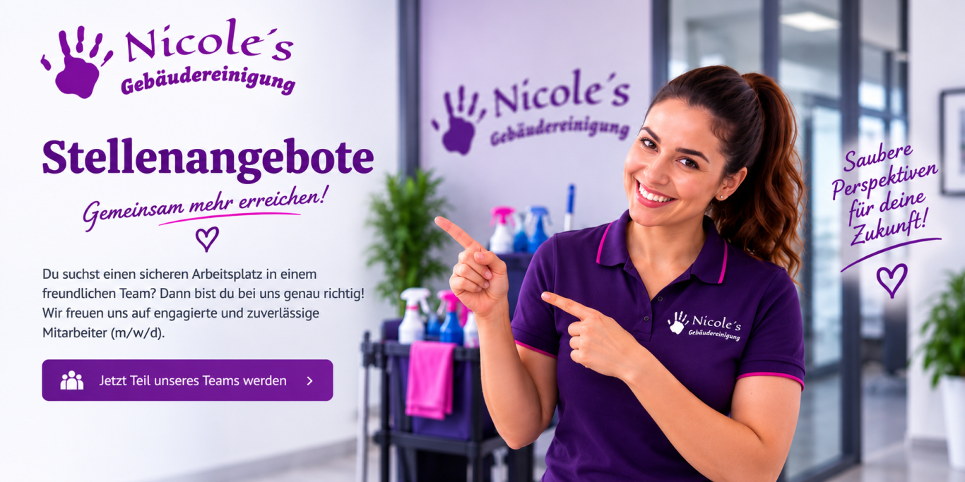 Stellenangebote bei Nicole’s Gebäudereinigung Mitarbeiterin der Gebäudereinigung mit Reinigungswagen im modernen Büro