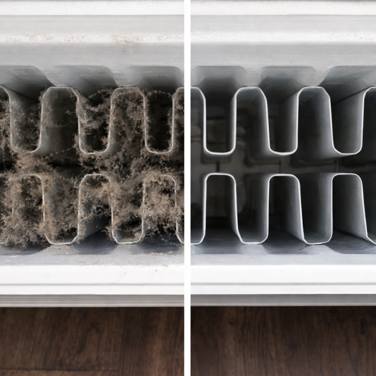 Vergleich zwischen einem staubigen und einem sauberen Heizkörper.