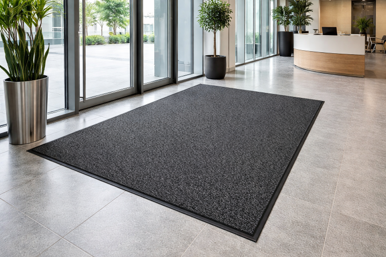 Schwarzer Bodenbelag in einem modernen Empfangsbereich mit Pflanzen und Empfangstresen.