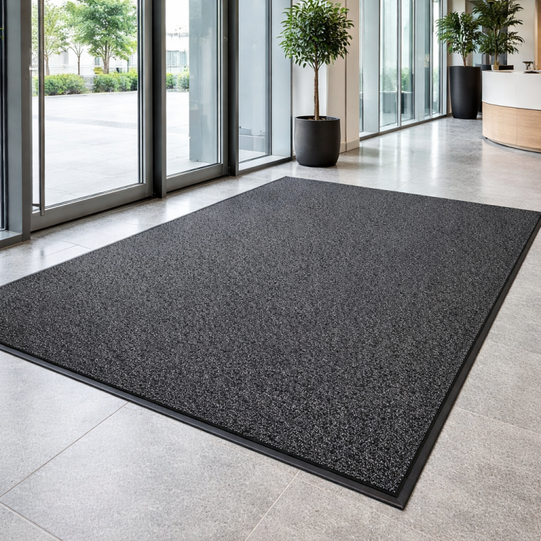 Dunkler Teppich in einem modernen Eingangsbereich mit Pflanzen und großen Fenstern.