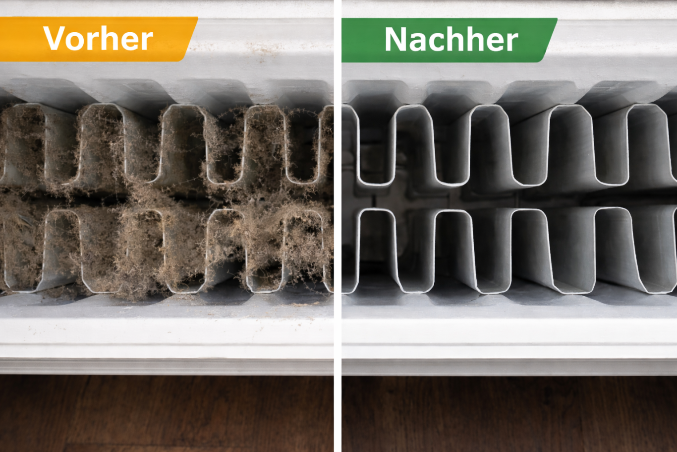 Vergleich von einem verschmutzten und einem sauberen Heizkörper.