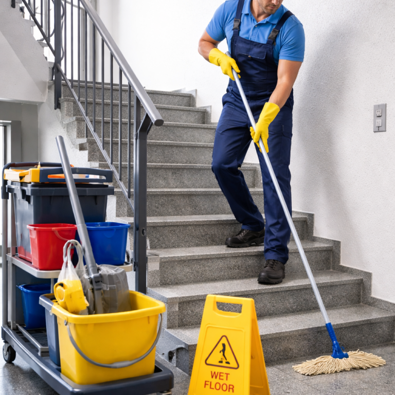 Arbeiter reinigt Treppe mit Mopp, gelber Warnschild „Rutschgefahr“ und Putzwagen nebenan.