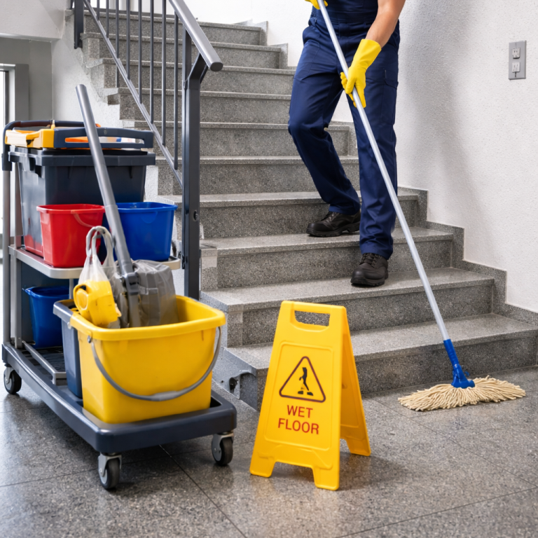 Reiniger mit Mop auf einer Treppe, daneben Putzwagen und Warnschild „Achtung, nasse Fläche“.