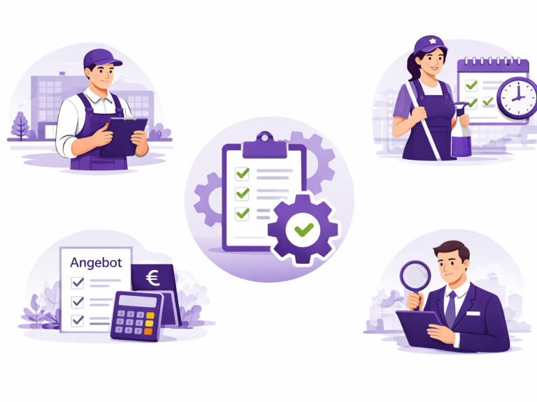 Verschiedene Fachkräfte mit Checklisten und Arbeitsgeräten, symbolisieren Teamarbeit und Organisation.