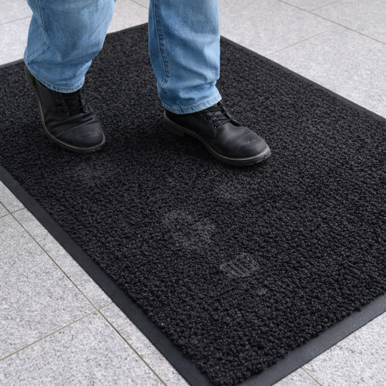 Schwarze Fußmatte mit Fußabdrücken und einer Person in blauen Jeans und schwarzen Stiefeln.